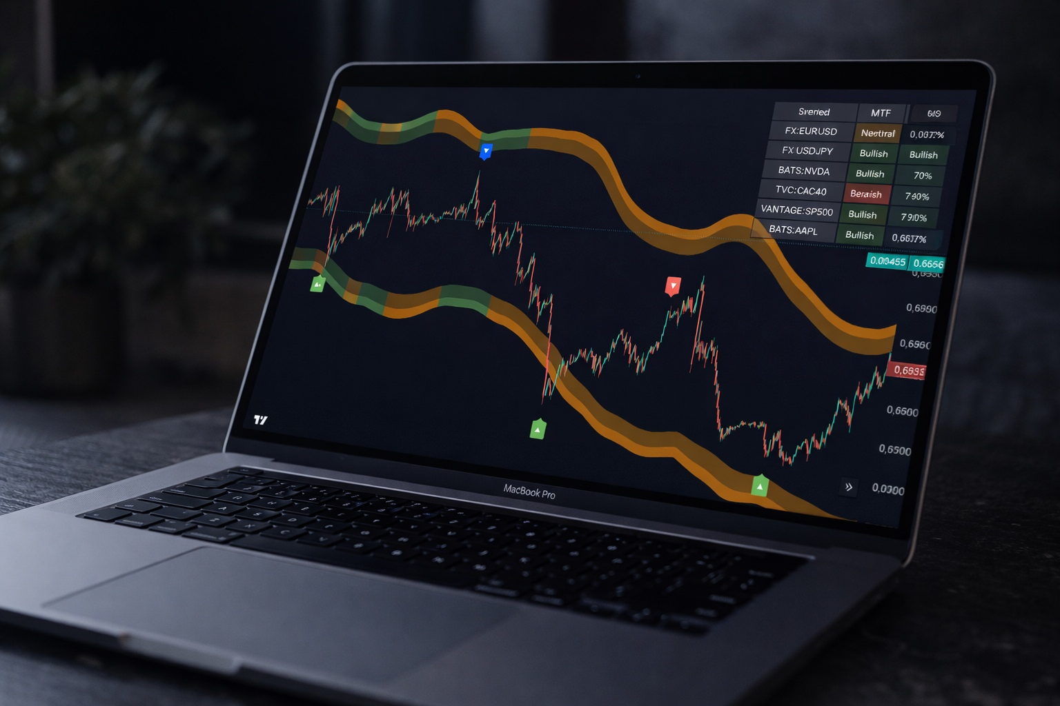 RockAlgo affiché sur MacBook — analyse technique multi-actifs